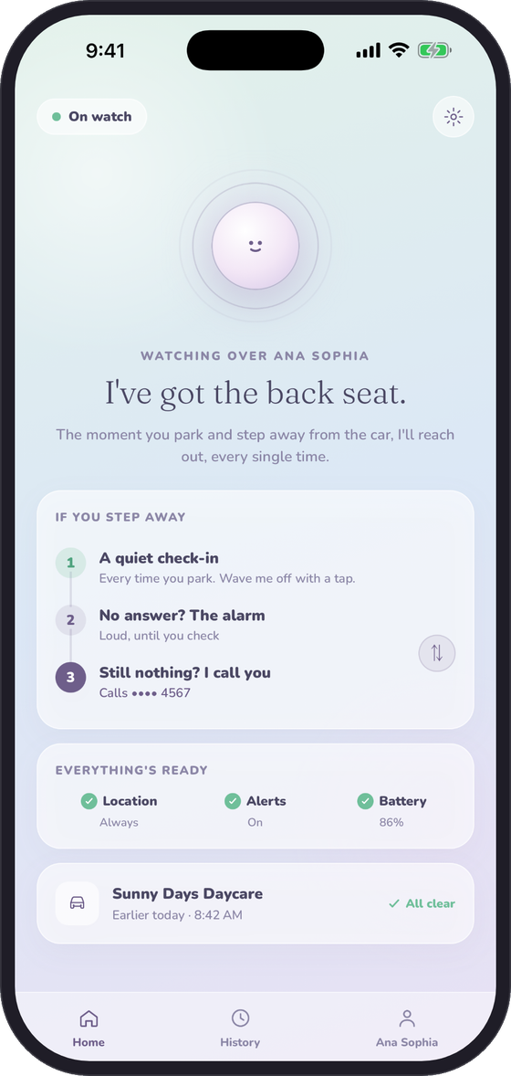 Lookback home screen with On watch status, a check-in, alarm and call sequence, and a completed trip.