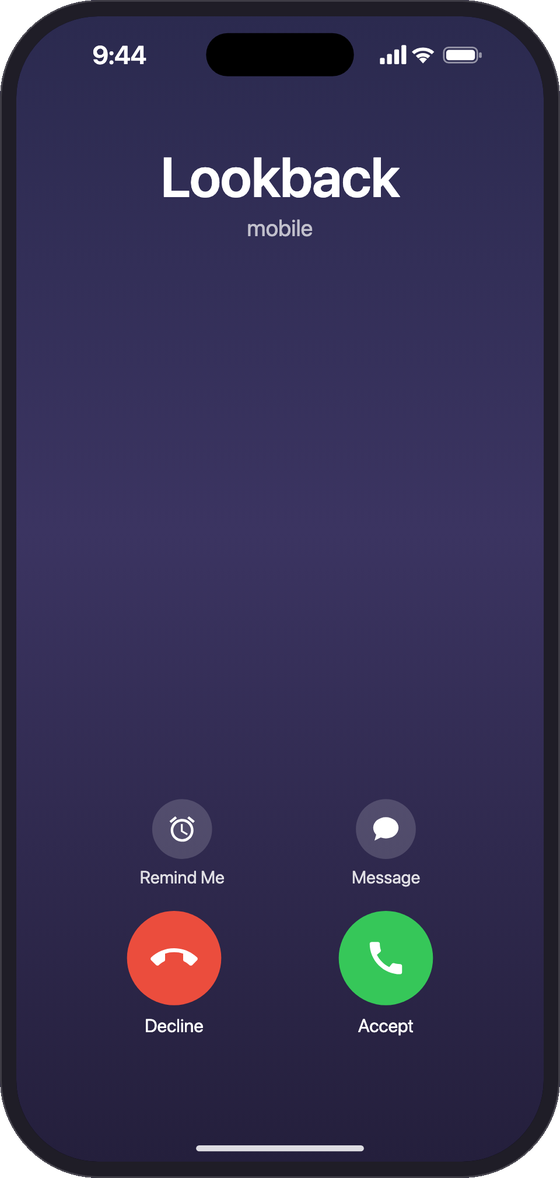 Incoming iPhone call from Lookback, with decline and accept buttons.